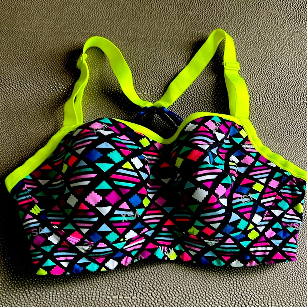 Victoria’s Secret sports bra, black with multicolored shapes